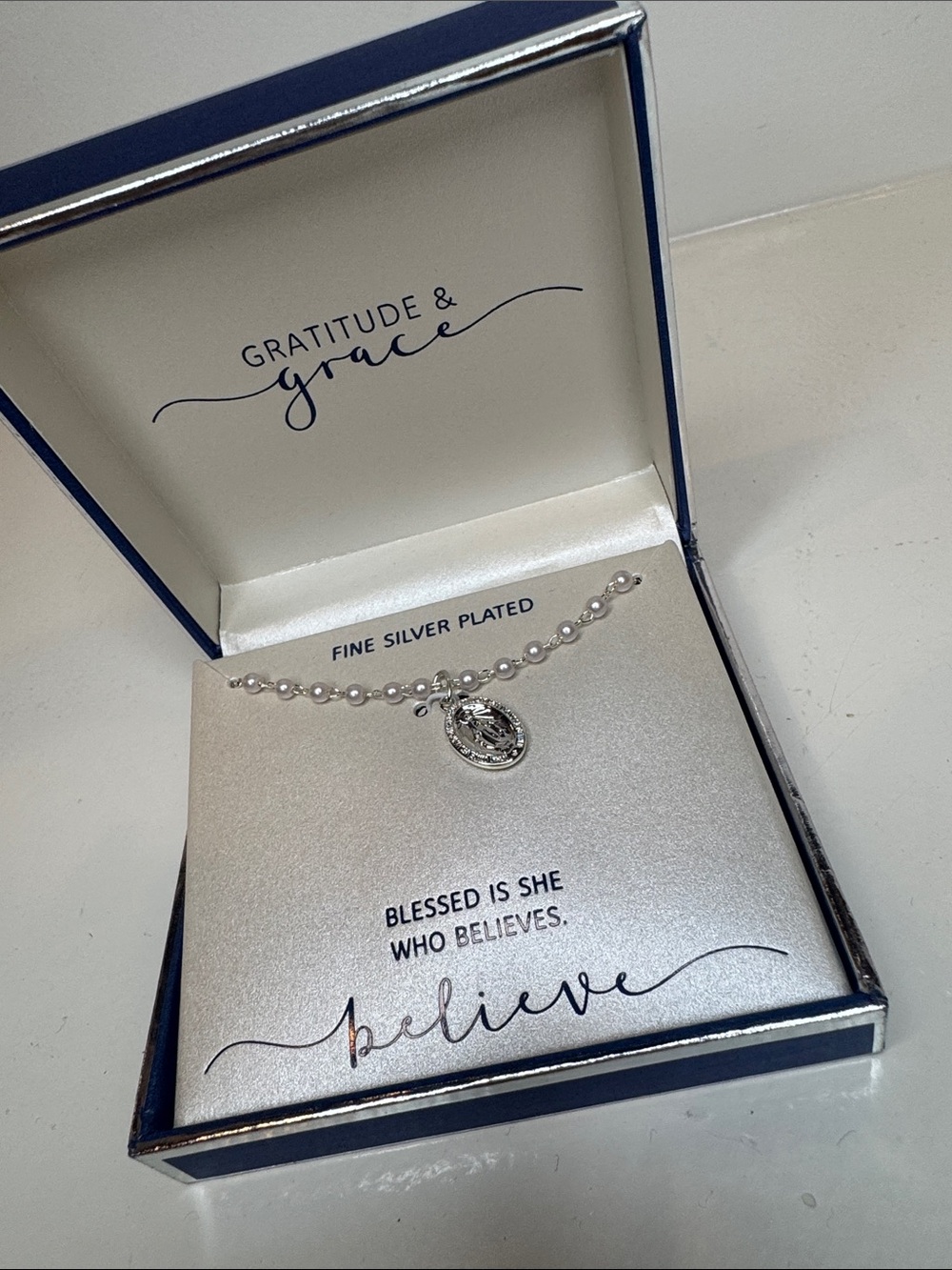 NIB fine silver plated faith necklace with mini pearl beads, Gratitude & Grace